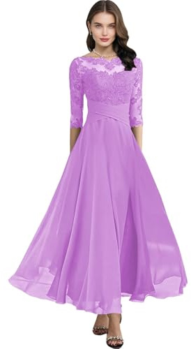 Vestido de noche formal de media manga de gasa con encaje para mujer, vestido de noche acampanado, vestido de invitada de boda, Lila, 44
