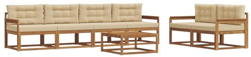 PUGYNBK Set divano da giardino 7 pezzi in legno di acacia massiccio, design modulare con schienale a doghe e telaio a doghe per terrazzo e piscina, naturale e beige