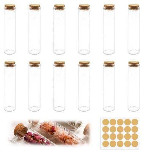 NARHOR 12 Stück 60ml Reagenzgläser mit Korken, 30x120mm Reagenzgläser Glas Reagenzglas Vase für Hochzeiten Blumen DIY Süßigkeiten Labortisch Dekoration Gastgeschenk