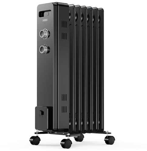 VonHaus Oil Filled Radiator 7 Fin – Oil Heater Portable Electric Free Standing 1500W for Home, Office, Any Room – Adjustable Thermostat, 3 Heat Settings, 4x Wheels, 1.5m Power Cable – 2 Year Warranty