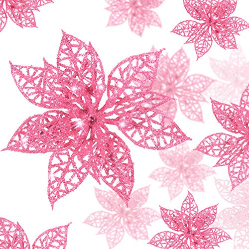 BOAO 24 Piezas Navidad Poinsettia Glitter Ornamento de árbol de Navidad Flores de Navidad Adorno de decoración (Rosa)