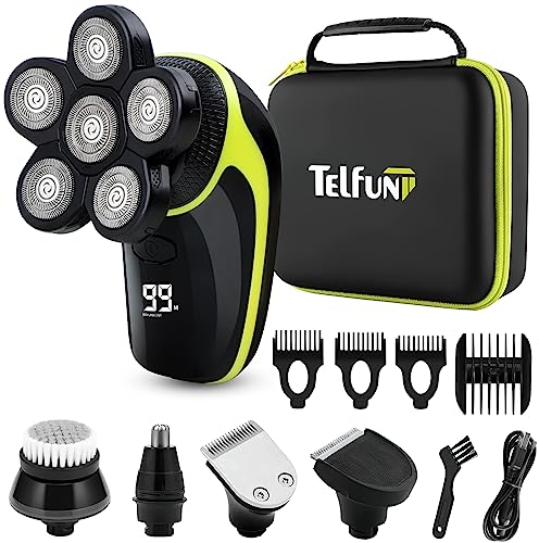 Telfun Elektrischer Glatzenrasierer für Herren, 5-in-1 Bartschneider Nass&Trockenrasierer mit LED-Display, Rotationsrasierer Kopfrasierer Bart Nasenhaar Trimmer Pflege Kit