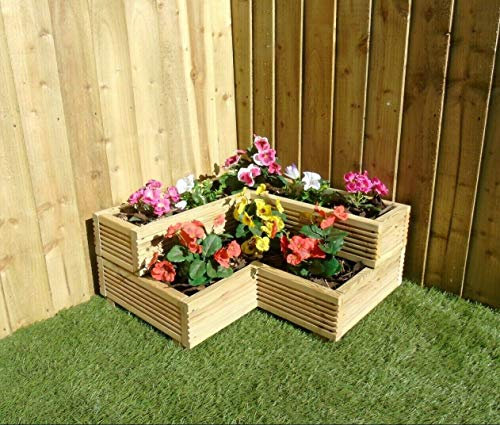 Wood-Shed Ltd 2 Tier Corner Garden Wooden Decking Planter Plant Pot - Steps Herb Flower (Right Hand Corner)