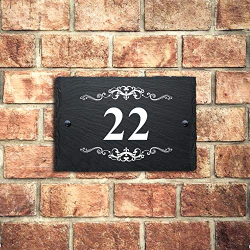 Personalised Natural Slate House Gate Sign Plaque Door Number Personalised Name UV Printed Hand Finished in UK (Decorative Pattern, 15X10cm Rectangle)