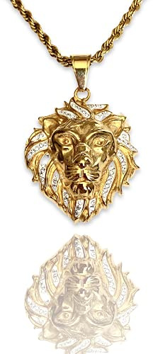 Shop-iGold Lion Head Pendant Necklace – 14k Gold & Black Finish, 925 Silver King of the Jungle Pendant with 2.5mm Rope Chain, Men & Women Hip Hop Jewelry (18)