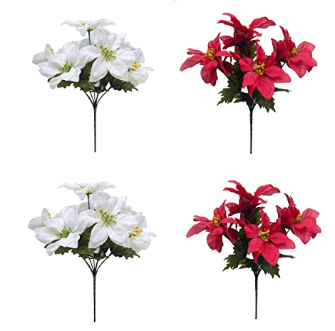 Lot de 4 bouquets de poinsettia artificielles en soie synthétique 2 blanches et 2 rouges pour décoration de Noël