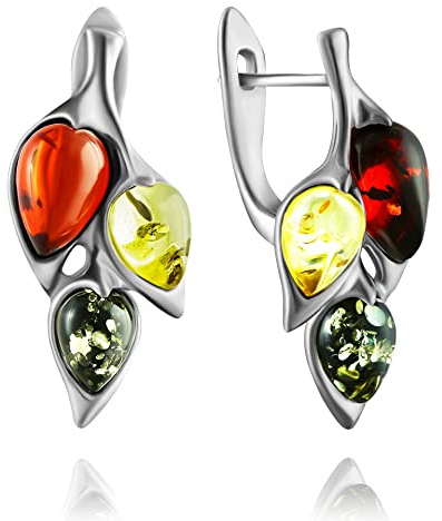 Ohrringe Bernstein 3 Blätter in Sterling Silber 925, 3-farbig - Lemon gelb, braun Cognac und Grüner Bernstein, Silberohrringe Bernstein, Frühjahr 2022 Kollektion