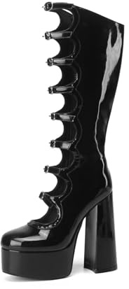 Frankie Hsu Gothic Lolita - Stivali da donna con tacco alto, con plateau, con fibbia e plateau, in pelle verniciata nera, nero, 38 EU