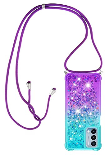 Paekear Halsband för Samsung Galaxy S8 Plus silikonskal, flytande glitterflickor, kvinnor, axelbandsfodral och snodd, med justerbar snoddficka, blå och lila