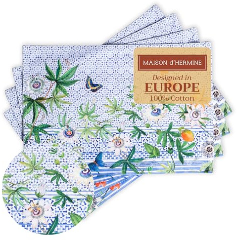 Maison d'Hermine Set di 4 tovagliette in 100% cotone, lavabili e riutilizzabili, per casa, cucina, sala da pranzo, feste, matrimoni, ristoranti, Primavera Estate (Passiflora, 33 cm x 48 cm)