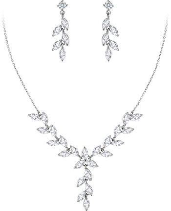 Clearine Parure Bijoux Femme Mariage en Zircone Cubique Pour Demoiselle d'Honneur Marquise Grappe Y Forme Collier et Boucles d'Oreilles Ensemble Clair Ton Argent