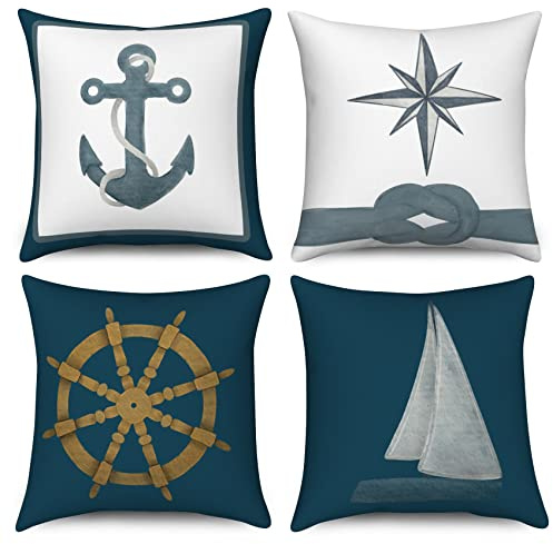 ASDCXZ Maritim Federa per cuscino 40 x 40 cm, set da 4 pezzi, Maritim ancora bussola marina barca a vela cuscino decorativo Federe per cuscino Federe per cuscino lavabili in lavatrice poliestere lino