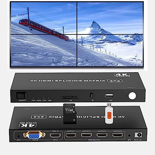 GKRONG 4-in4-out HDMI Video Wall Controller 2x2, HDMI & VGA & USB & SD Unterstützung 4K Input TV Wall Controller,180 Grad Drehung 1x2,1x3,1x4,2x2,2x1,3x1x4x1
