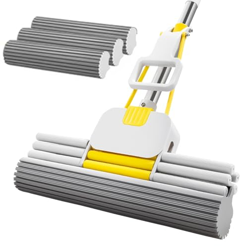 ATLION Bodenwischer, Wischmopp FüR Die Bodenreinigung, 38cm DREI Rollenreihen GroßEr Schwammwischer, 130cm Langer Wischmopp Mit Auswringfunktion, Nass- & Trockenmopps FüR Den Haushalt(3 Heads)