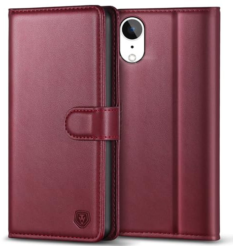 Kuafcase Compatible for iPhone XR Case with 4 Card Slots Magnetic Closure Kickstand Shockproof Protective Phone Case Compatible for iPhone XR - Wine Red