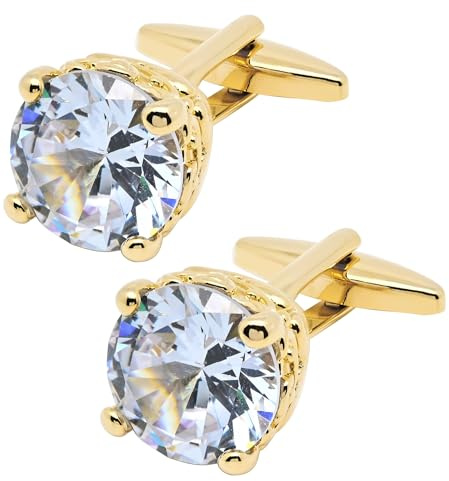 Jonwo Polyhedral Zircon Gemstone Cufflinks for Men In Gift Box Silver/Gold | Transparent Crystal, Gold Plated/Silver, Men's Women Cuff Links Set for Wedding Party Anniversary Business Events Dress
