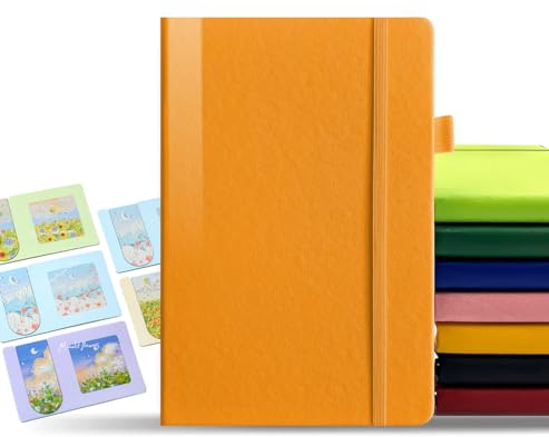 DynamiX Luxuriöses A5 Notizbuch,Veganleder-Hardcover,100 g/m² Papier, Stifthalter, Gummiband. Ideal für Kreativität und tägliche Notizen. Orange.
