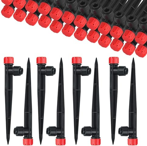 60 Pcs Water Irrigation Drippers, MSDADA Adjustable 360 Degree 8 Holes Irrigation Drip Drippers, Micro Drip Emitters with Stake, Watering System Accessories Fit for 1/4''(4-7mm) Garden Hose(Red)