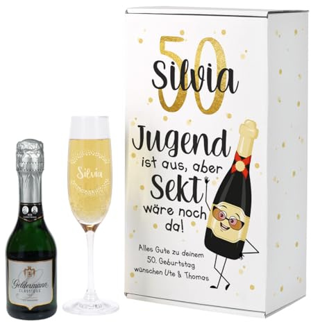 Herz & Heim® Modernes Sektgeschenk mit 0,2l Geldermann Sekt, Leonardo Sektglas mit Gravur in Geschenkverpackung (Jugend ist aus)