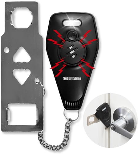 SecurityMan Verrou de porte portable pour hôtel, appartement et voyage – Verrou de porte d'appartement convivial pour les locataires – Alarme LED puissante de 130 dB – Serrures de porte rechargeables