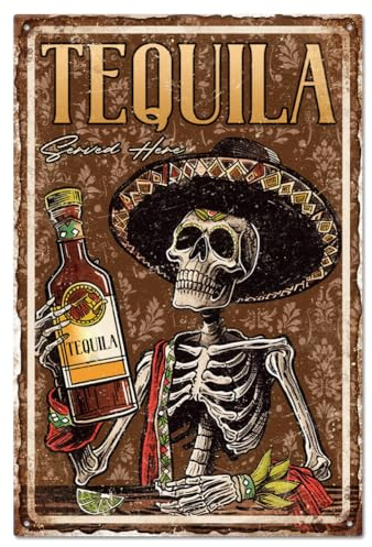 GLOBLELAND Tequila Served Here Mexican Skeleton Metal Tin Sign 12x8 inch