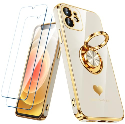 Nonional Compatible for iPhone 12 Case with 2 Pack Screen Protector, 360° Rotatable Ring Holder [Luxury Hearts Pattern] Plating Gold Edge Slim Soft Phone Cover Case for iPhone 12 - White