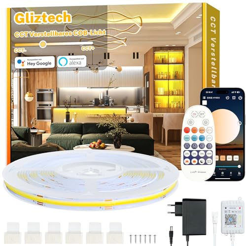 7M Cob Led Streifen Warmweiss Alexa Kompatibel, 3000K bis 6500K Led Strip Warmweiß bis Kaltweiß Dimmer, Ultraheller Led Band, Led Unterbauleuchte mit Fernbedienung und App für Küche, Schlafzimmer