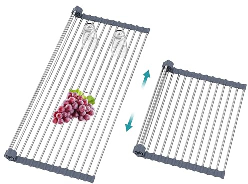 BBXTYLY Escurridor de platos enrollable expandible, cubierta para escurridor de cocina, accesorios para fregadero de cocina, escurridor de acero inoxidable, plegable, enrollable (gris, 25.1 a 12.4
