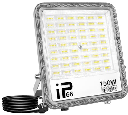 RIGIDON 1x 150W faretto led da esterno con spina, 15000lm fari di sicurezza | proiettore led, faretti, luce bianca 6000K, per giardino cortile garage piazza officina patio, Impermeabile, cavo 1 metri