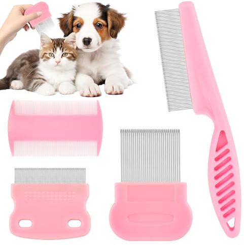 Flohkamm für Katzen und Hunde, Flohkamm zum Entfernen Flöhe, 4 Stück Läusekamm Staubkamm für Hunde Katzen Effektiv Gegen Flöhe & Läuse Profi Floh Kamm für Hund & Katze (Rosa)