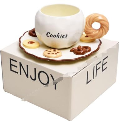 CAPIJIONG 350ml/12oz Creative Biscuit Handle Coffee Cup Plate Set Simple And Cute Coffee Cup-Light brown cup handle - color box packaging