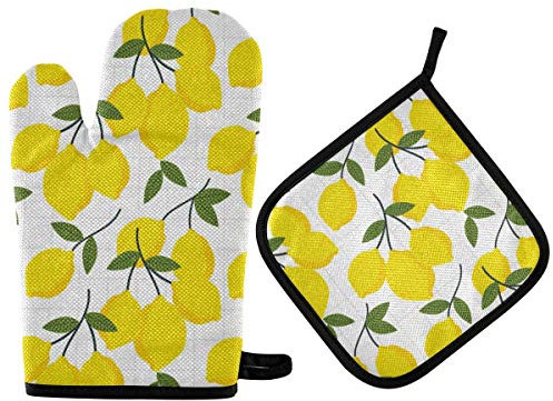 Vikeiac Juego de soportes para ollas, juego de guantes de horno con hojas de limón, almohadillas calientes, guantes de cocina antideslizantes, resistentes al calor, para hornear, asar
