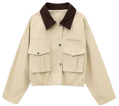 Megfie Womens Cropped Jacket Contrast Collar Utility Coat Cargo Jacket Barn Jacket Outwear with Pockets(0836-Khaki-S)