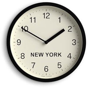 Jones Clocks® New York Time Zone wall clock | Small modern round clock | 20cm | Black | Easy to read numbers | Ideal for kitchen, living room, office or any small space