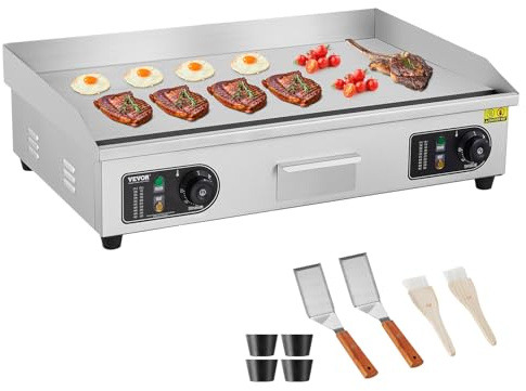 VEVOR Commercial Electric Griddle, 2800W Countertop Flat Top Grill, 122℉-572 ℉ Adjustable Temp, 29in Stainless Steel Griddle Grill with 2 Shovels and 2 Brushes for Home or Restaurant(110V No Plug)