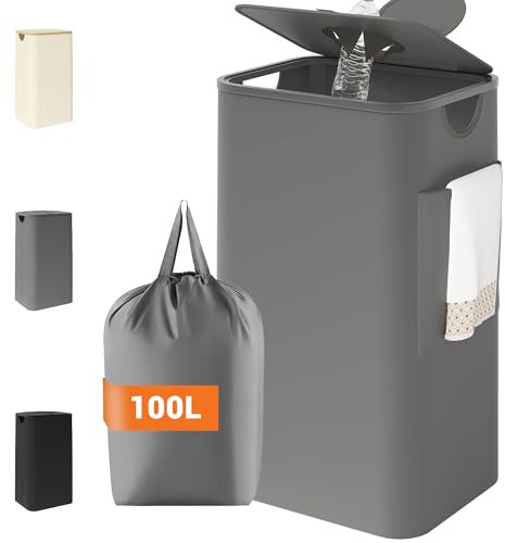 YOUDENOVA 100L Pfandflaschen Sammelbehälter mit Deckel & Geruchsdicht, Mülleimer Küche, Flaschensammler Leergut & Altglas Aufbewahrung, Recycling Bbehälter Müllsackständer für Abstellraum, Grau