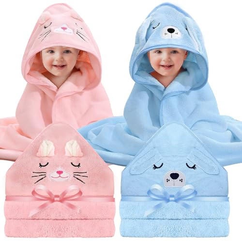 Boyigog Baby Badetuch Set, 2Pcs Baby Handtuch mit Kapuze 80 x 80 CM für Neugeborene, Soft-Super Saugfähige Handtuch mit Kapuze für Unisex (Rosa-Blau)