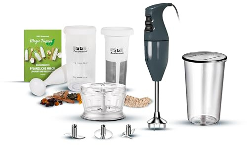 ESGE-Zauberstab E120, 7-teiligs Stabmixerset mit Pflanzenmilchbereiter | Set enthält: Pürierstab, Milchbereiter, Multimesser, Zerkleinerer, Messbecher, uvm. - robuster AC-Motor, 120W - Swiss Made