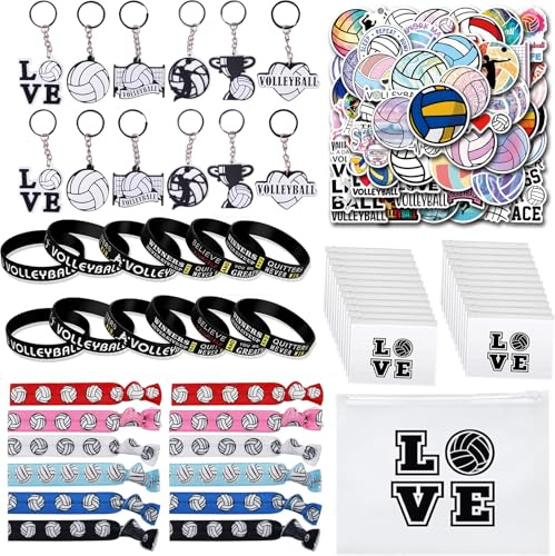 103 bomboniere da pallavolo, regali sportivi, include portachiavi da pallavolo, braccialetti in silicone, cravatte per capelli, sacchetti e adesivi per ragazze adolescenti, pallavolo, decorazioni per