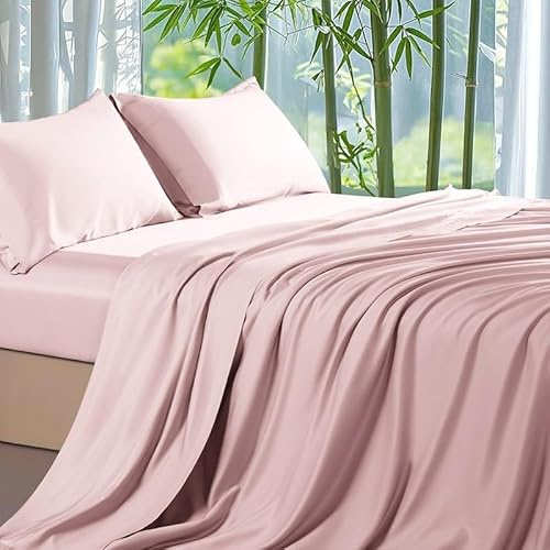 Gezu Sábana bajera ajustable de bambú de lujo, 180 x 200 cm, color rosa claro, bambú, suave, lyocell, tencel hipoalergénica, termorreguladora, sábana bajera ajustable de 180 x 200 cm, sábana bajera de