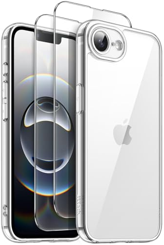 JETech 3 i 1 Skal för iPhone 17e/16e, Anti-Gulning, Klar | 2-Pack Härdat Glas Skärmskydd, Stötsäker Bumper Fodral