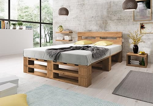 Lermowood Palettenbett M2 aus Holz 200 x 200 cm Eiche mit Kopfteil Holzbett 40cm Stabiles Seniorenbett Kinderbett Jugendbett Gästebett erhöhtes Einzelbett Bettgestell Futonbett Komforthöhe Naturholz