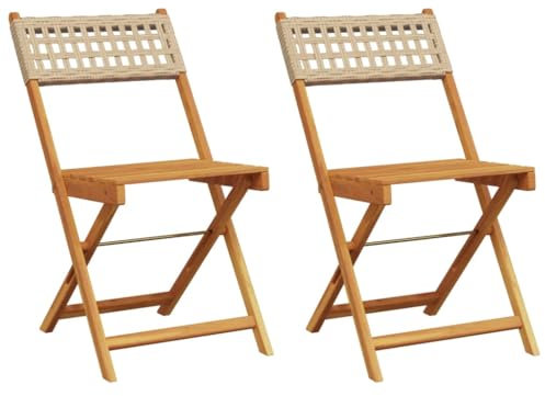 ULUYYUC Campingstühle Campingstuhl Gartenmöbel Schminktisch Stuhl - Bistrostühle 2 STK. Beige Massivholz Akazie und Poly-Rattan für Balkon Garten Esszimmer Campingplatz