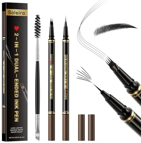 Lápiz de Cejas Microblading 2 en 1 Doble Punta Lapicera de Cejas Bolígrafo de Cejas con 4 Puntas Microfork Resistente al Agua, Crea de Cejas y Delineador de Ojos Natural, Negro