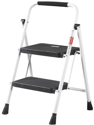 AVOID Échelle Pliante en Aluminium Blanc - Marche Pied Pliable, Marche Pied Pliant, Escabeau 2 Marches Robuste et Sûr pour Maison et Bureau, Idéal pour Nettoyer Les Vitres et Accès Facile