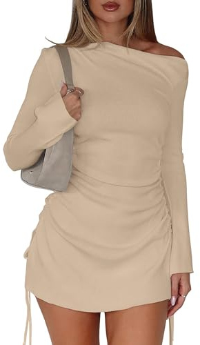 BEAGIMEG Women's Sexy Bodycon Long Sleeves Flared Sleeves One Shoulder Side Split Ruched Club Party Mini Dress Khaki