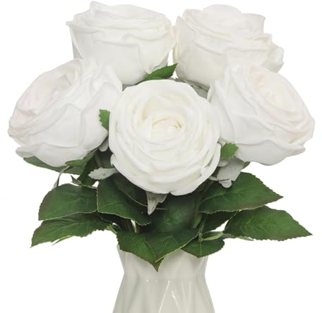 DuHouse Künstliche Rosen aus Seide, 5 Stück, fühlen Sich echt an, Blumenstrauß für Zuhause, Hochzeit, Tischdekoration, Kunstrosen für Vase, Valentinstag, Party, DIY Handwerk (weiß)