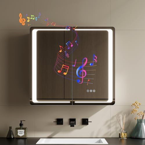 Warmiehomy Bluetooth Bathroom Mirror Cabinet with Lights,65x60cm 3-color Dimmable LED Illuminated Bathroom Mirror Cabinets with Shaver Socker Defogger Touch Switch Two Door,White Frame