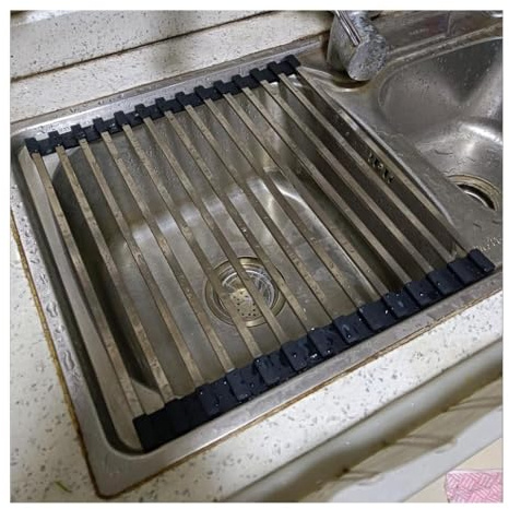 Escurridor de platos de 12.3 a 23.6 pulgadas de largo, diseño de tubo cuadrado antideslizante, plegable, escurridor de cocina multiusos enrollable para ahorrar espacio y fácil almacenamiento