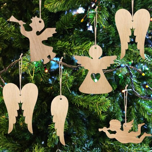 YIEUR 40 Stück Weihnachtsanhänger Holz Engel, 8cm Holzscheiben Anhänger Weihnachten mit Bindeschnur, Schutzengel Weihnachts Deko Weihnachtsbaum für Tannenbaum Fensterschmuck (Nature Wing)
